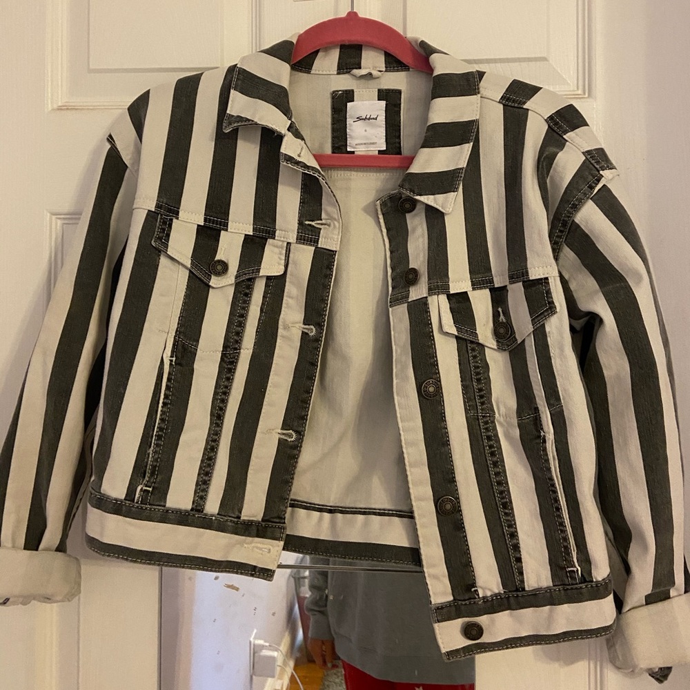 Dark grey and cream stripped denim jacket